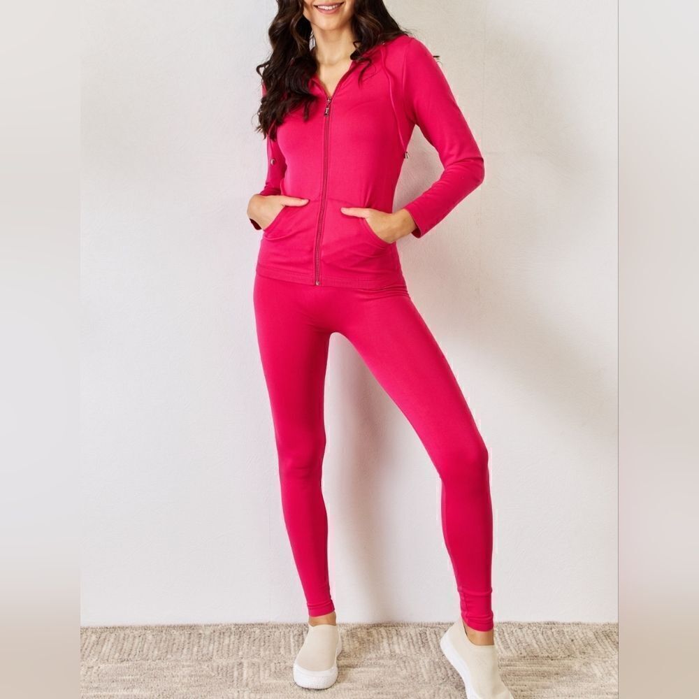 Women's Matching Drawstring Zip Hoodie & Leggings Set sz Large PinkāAthleisure